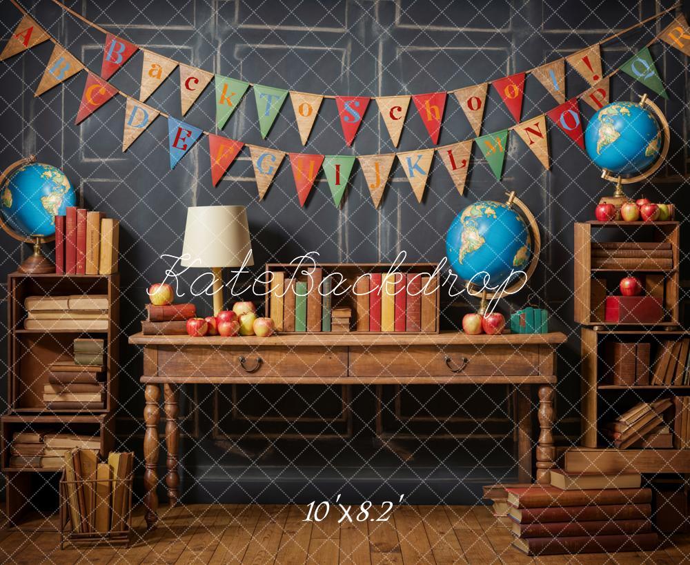 Kate Back to School Globe Books Black Retro Wall Backdrop Designed by Emetselch