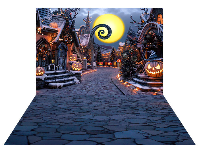 Kate Halloween Pumpkin Dark Town Street+Dark Blue Cobblestone Rubber Floor Mat