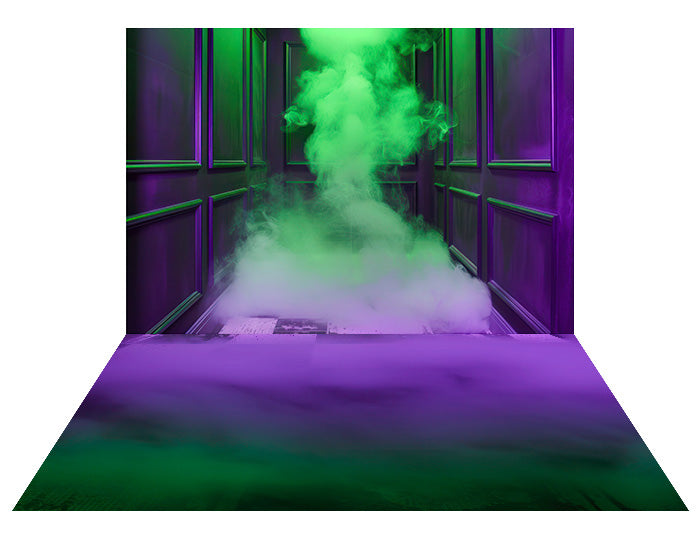 Kate Green Smoke Purple Retro Wall Backdrop+Retro Green Purple Smoke Rubber Floor Mat