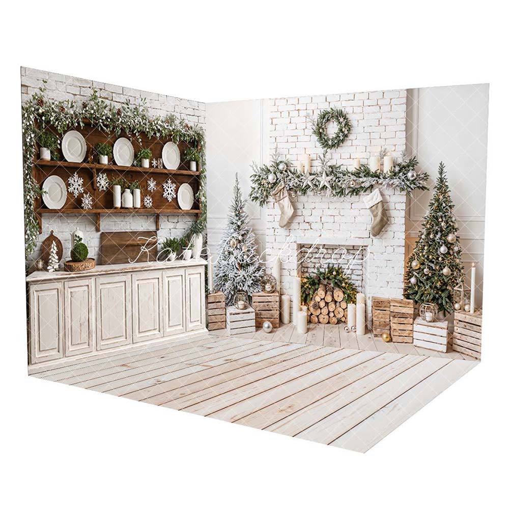 Set di stanza retro bianco di Natale con muro di mattoni in cucina