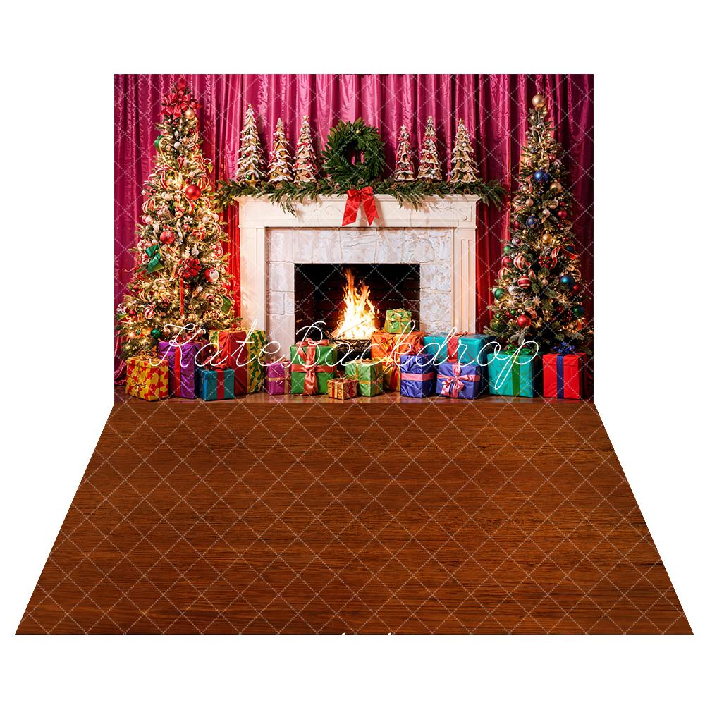 Kate Christmas Interior White Marble Fireplace Red Curtain Backdrop+Red Wooden Floor Backdrop