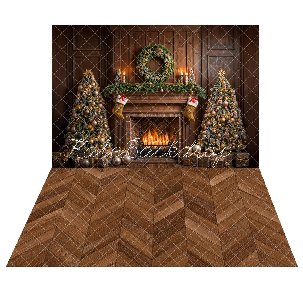 Kate Christmas Indoor Brown Fireplace Vintage Wall Backdrop+Brown Herringbone Wooden Floor Backdrop