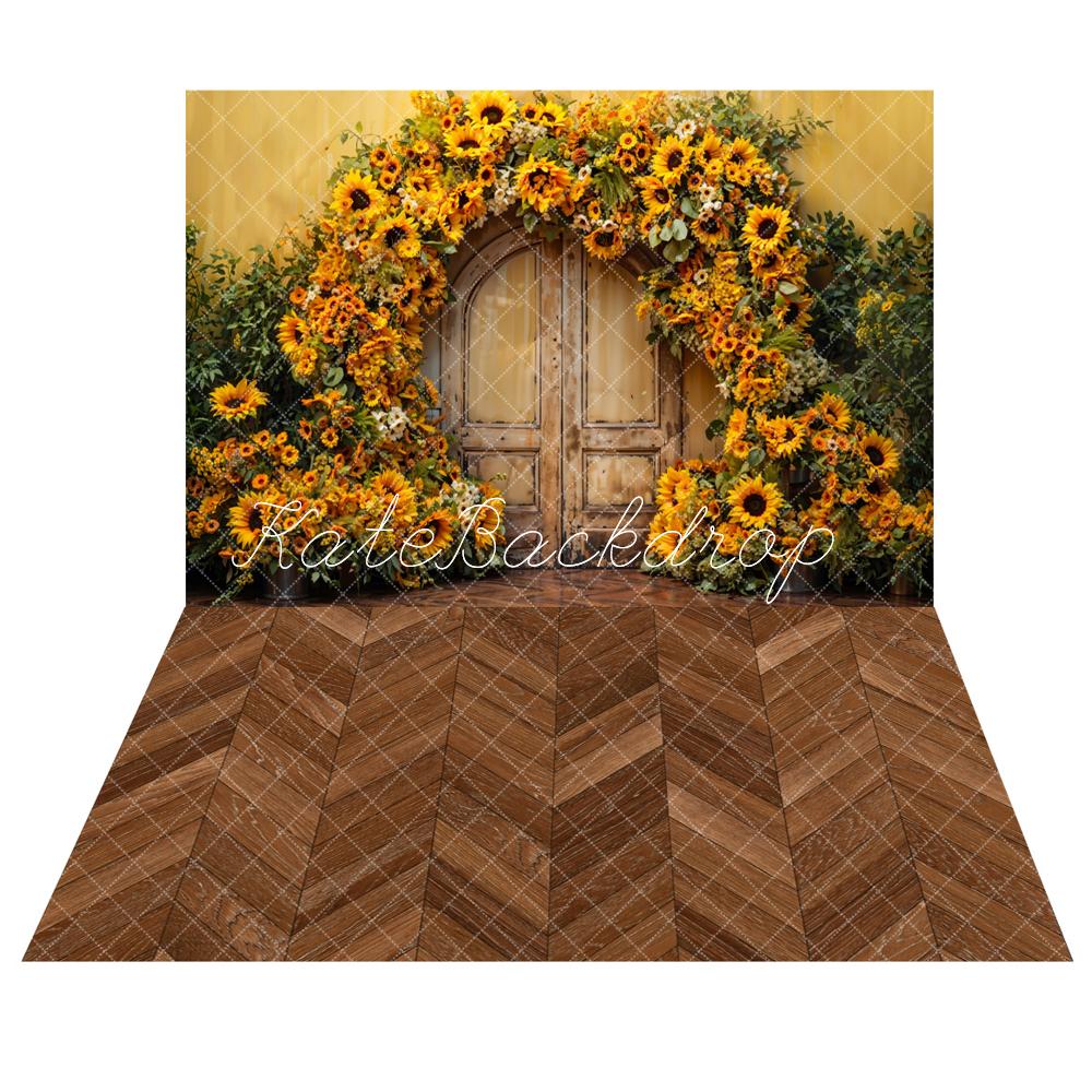 Arco de girasoles de otoño Puerta de madera marrón + Fondo de suelo de madera de espiga marrón