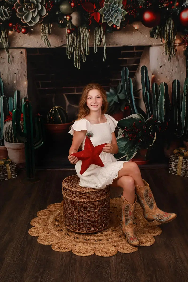 Kate Christmas Wild West Green Cactus Brick Fireplace Backdrop Designed by Patty Robert