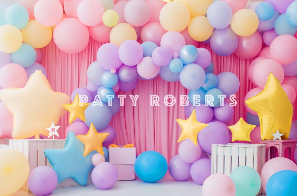 Kate Birthday Cake Smash Star Colorful Balloon Arch Pink Curtain Backdrop Designed by Patty Robert