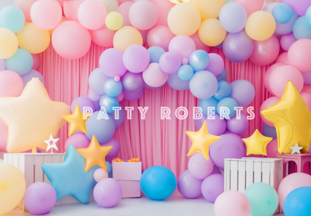 Kate Birthday Cake Smash Star Colorful Balloon Arch Pink Curtain Backdrop Designed by Patty Robert