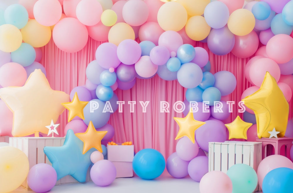 Kate Birthday Cake Smash Star Colorful Balloon Arch Pink Curtain Backdrop Designed by Patty Robert