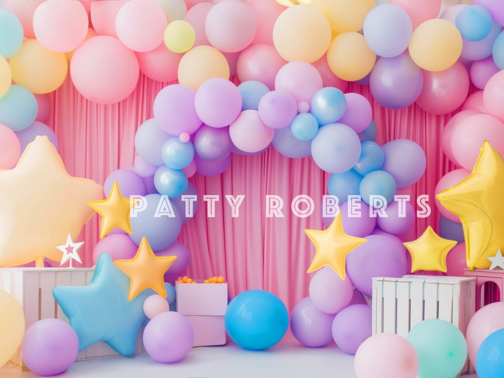 Kate Birthday Cake Smash Star Colorful Balloon Arch Pink Curtain Backdrop Designed by Patty Robert