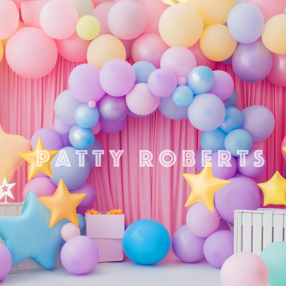 Kate Birthday Cake Smash Star Colorful Balloon Arch Pink Curtain Backdrop Designed by Patty Robert