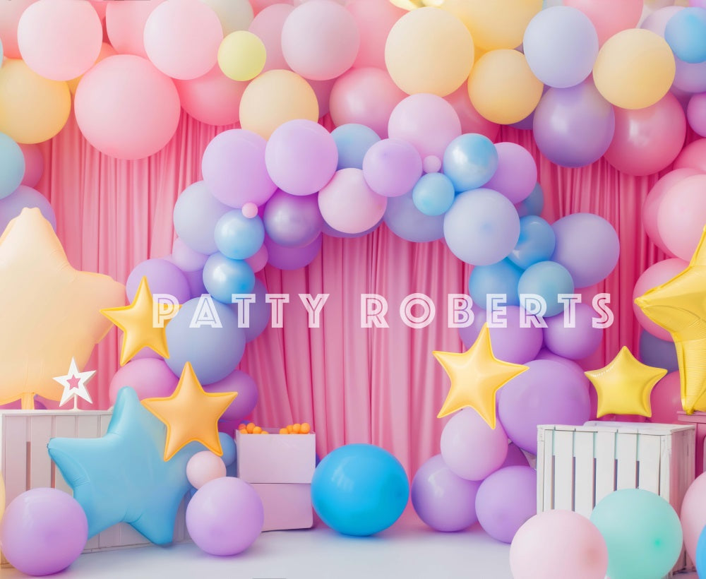 Kate Birthday Cake Smash Star Colorful Balloon Arch Pink Curtain Backdrop Designed by Patty Robert