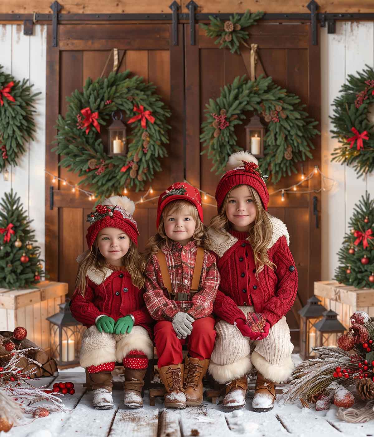 Albero di Natale Brown Wooden Barn Door White Wall Backdrop Designed by Emetselch