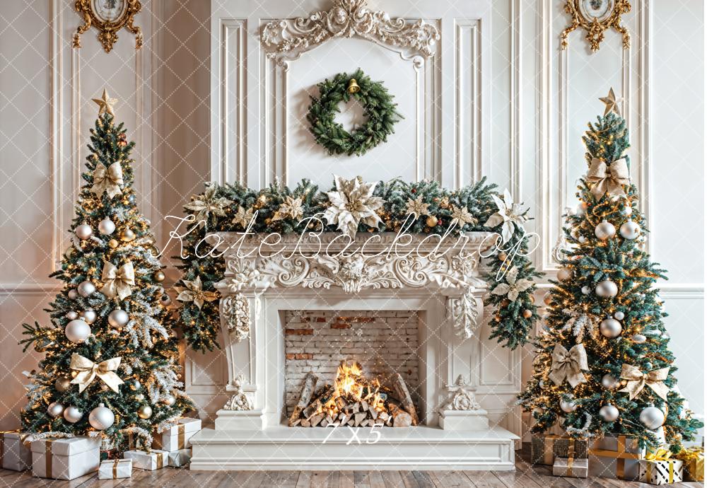 Kate Christmas White Wall Fireplace Wreath Backdrop Designed by Emetselch