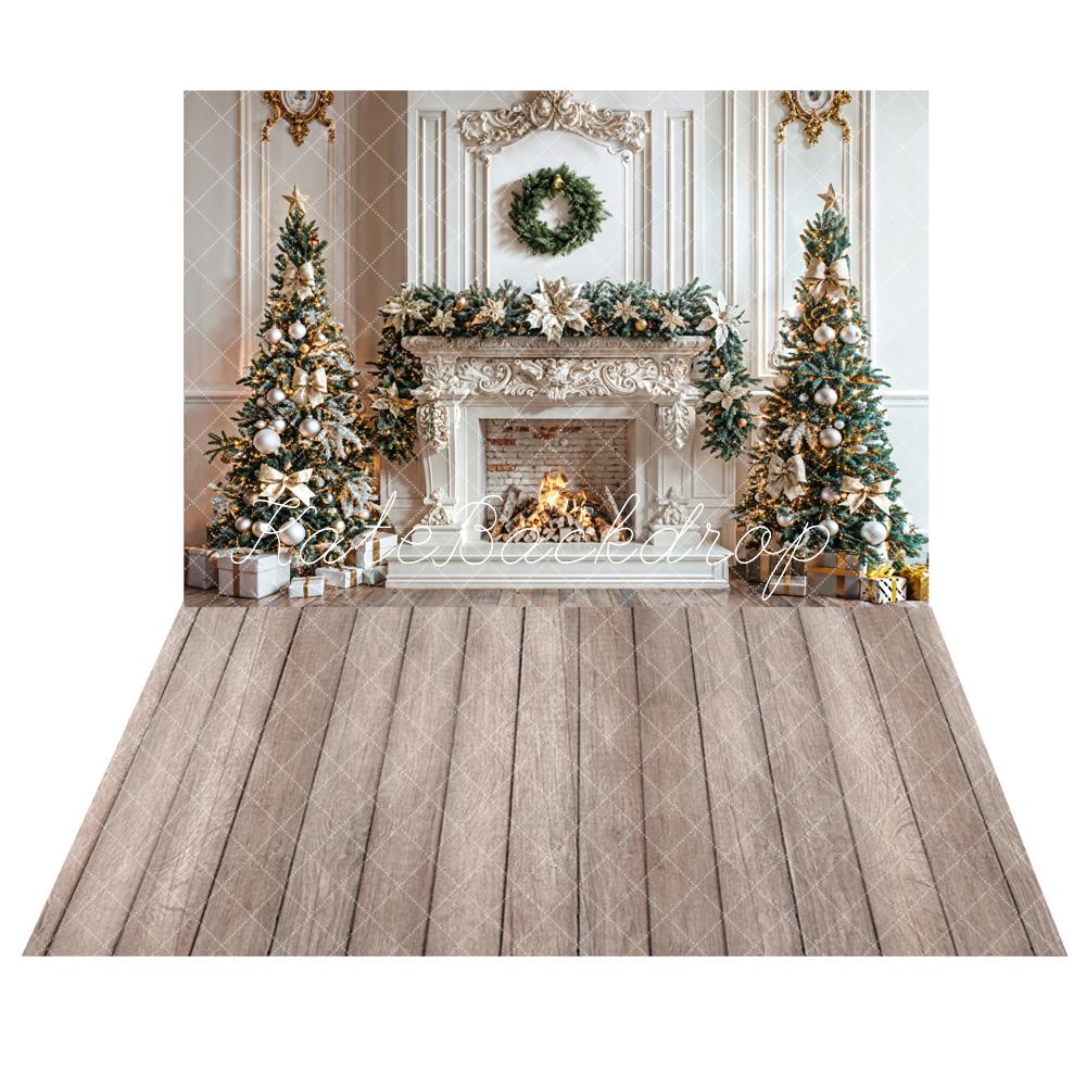 Kate Christmas White Wall Fireplace Wreath Backdrop +Light Brown Wooden Floor Backdrop