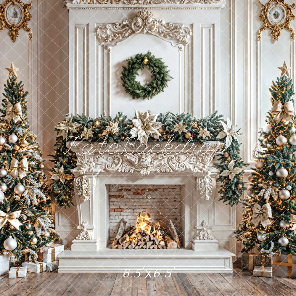 Kate Christmas White Wall Fireplace Wreath Backdrop Designed by Emetselch