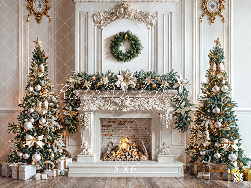 Kate Christmas White Wall Fireplace Wreath Backdrop Designed by Emetselch