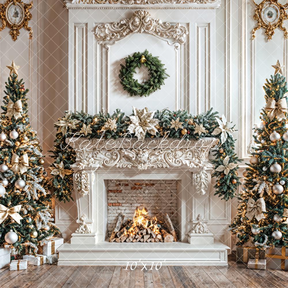 Kate Christmas White Wall Fireplace Wreath Backdrop Designed by Emetselch