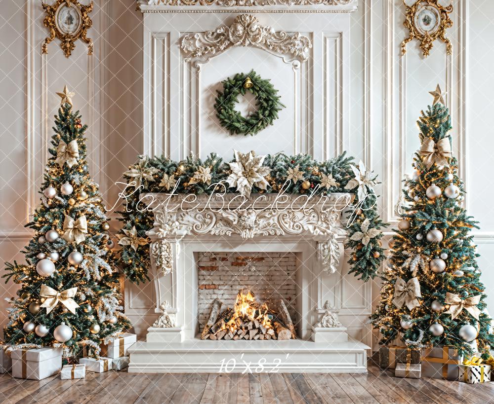 Kate Christmas White Wall Fireplace Wreath Backdrop Designed by Emetselch