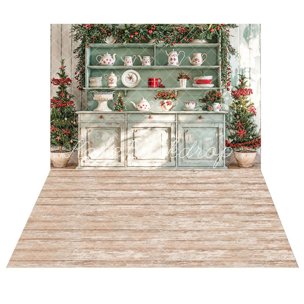 Kate Christmas Kitchen Sunshine Green Cabinets Backdrop+Brown Wooden Grain Floor Backdrop