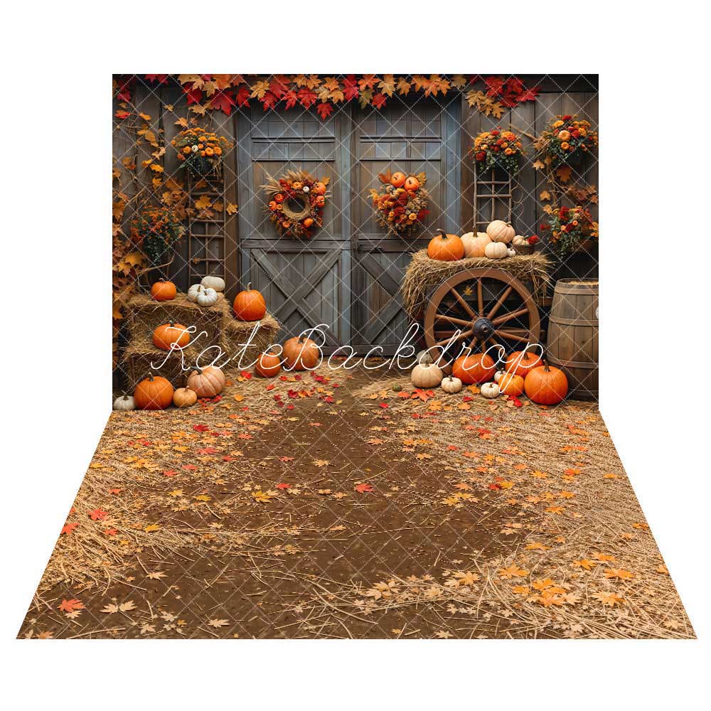 Kate Fall Barn Wood Door Maple Pumpkin Backdrop+Golden Fallen Maple Leaves Path Floor Backdrop