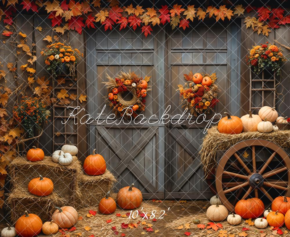 Kate Fall Barn Wood Door Maple Pumpkin Backdrop Designed by Emetselch