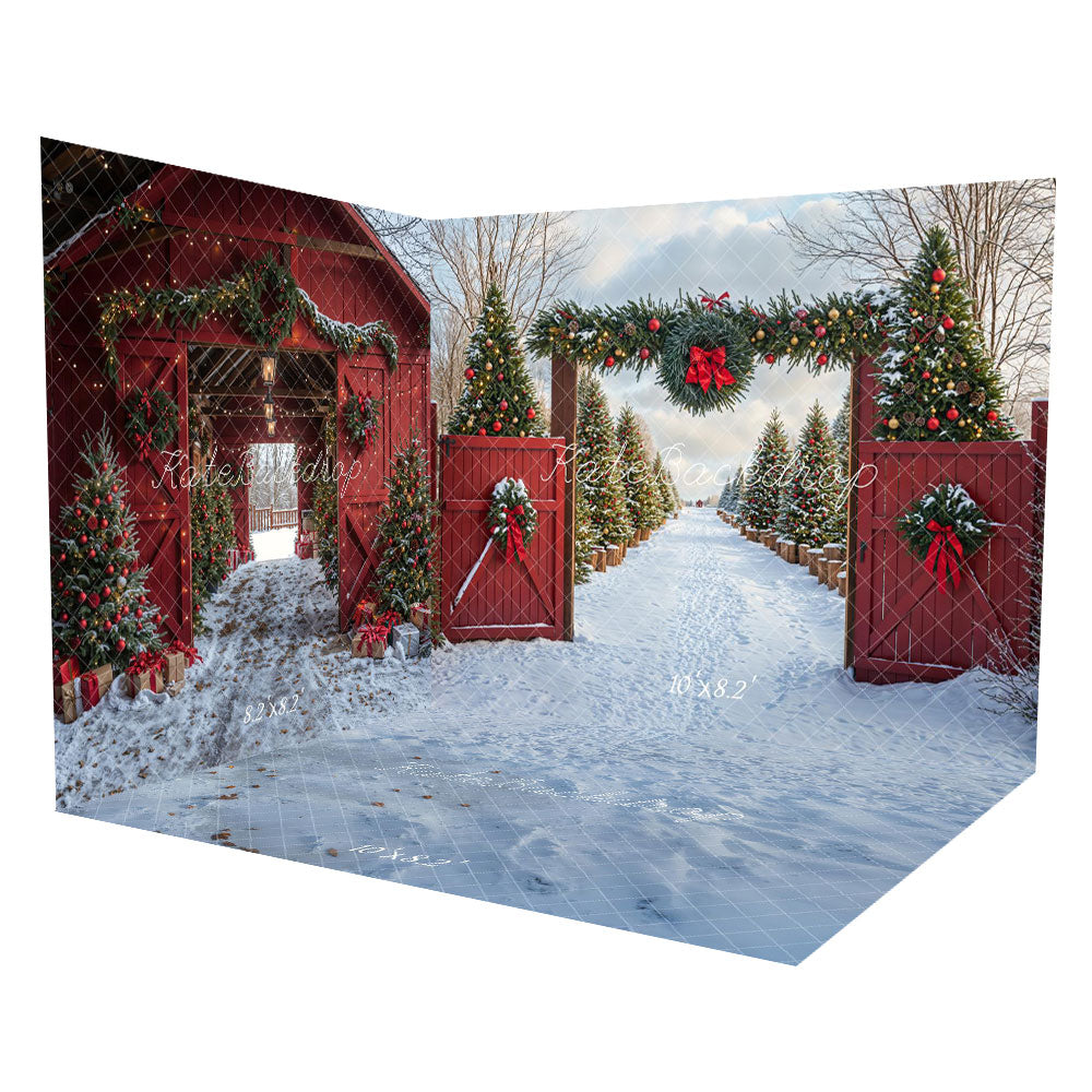 Conjunto de habitación de Navidad en el bosque con granero rojo y camino nevado