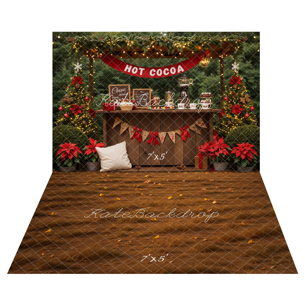 Backdrop per il bancone di cioccolata calda di Natale + Fondo di erba con foglie autunnali