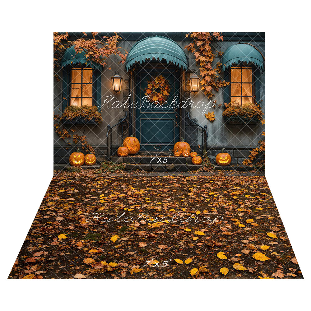 Fall Halloween Maple Leaf Blue House Foto Achtergrond+Fall Fallen Leaves Floor Foto AchtergrondDesigned by