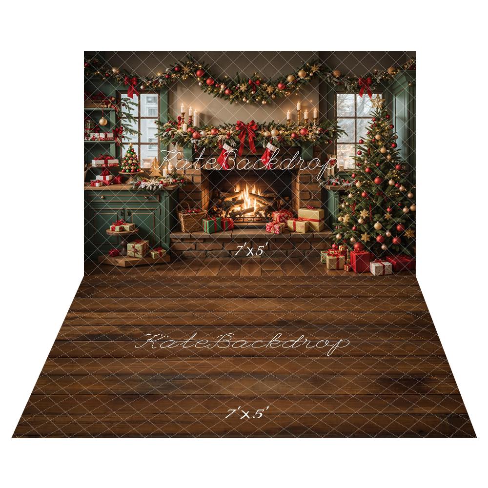 TEST Christmas Green Kitchen Fireplace Cabinets Backdrop+Dark Brown Wooden Floor Backdrop