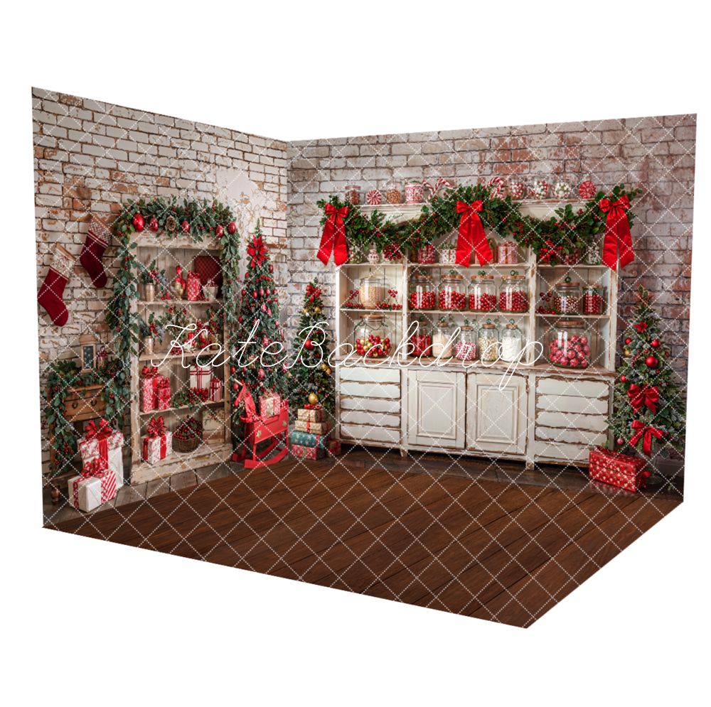 Conjunto de habitación de pared de ladrillos navideño y gabinetes blancos