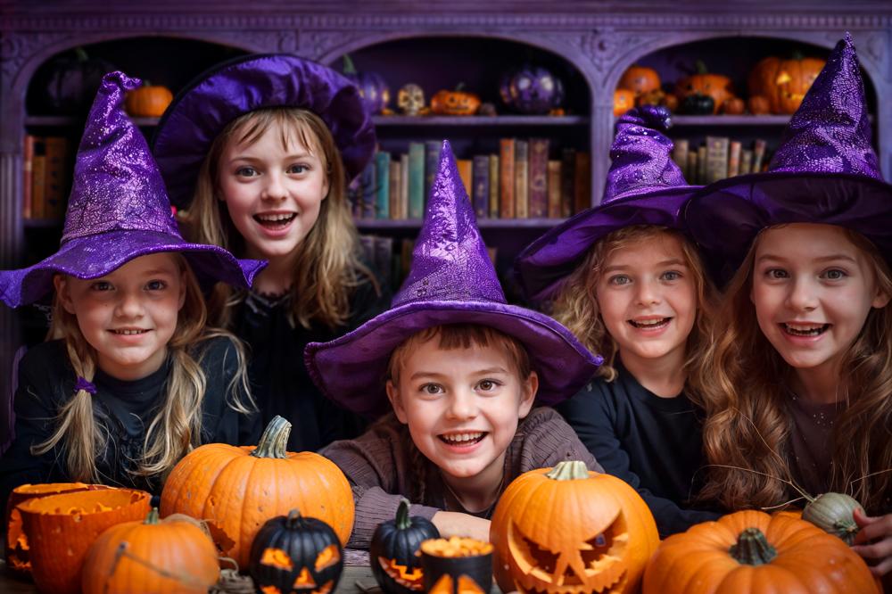 Kate Halloween Magic Purple Bookcase Backdrop Designed by Emetselch