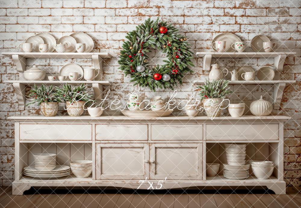 Kerst White Cabinet Brick Wall Wreath Foto Achtergrond Designed by Emetselch