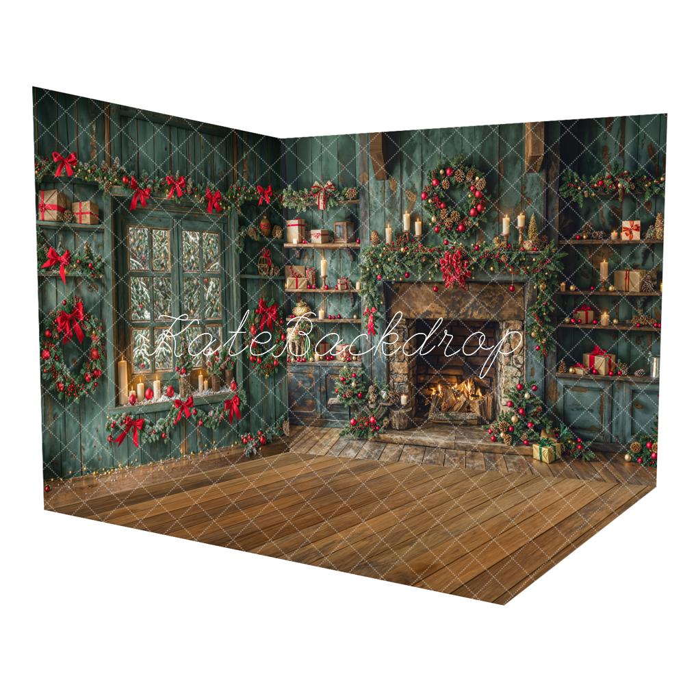 Kate Christmas Green Retro Cabinets Fireplace Room Set