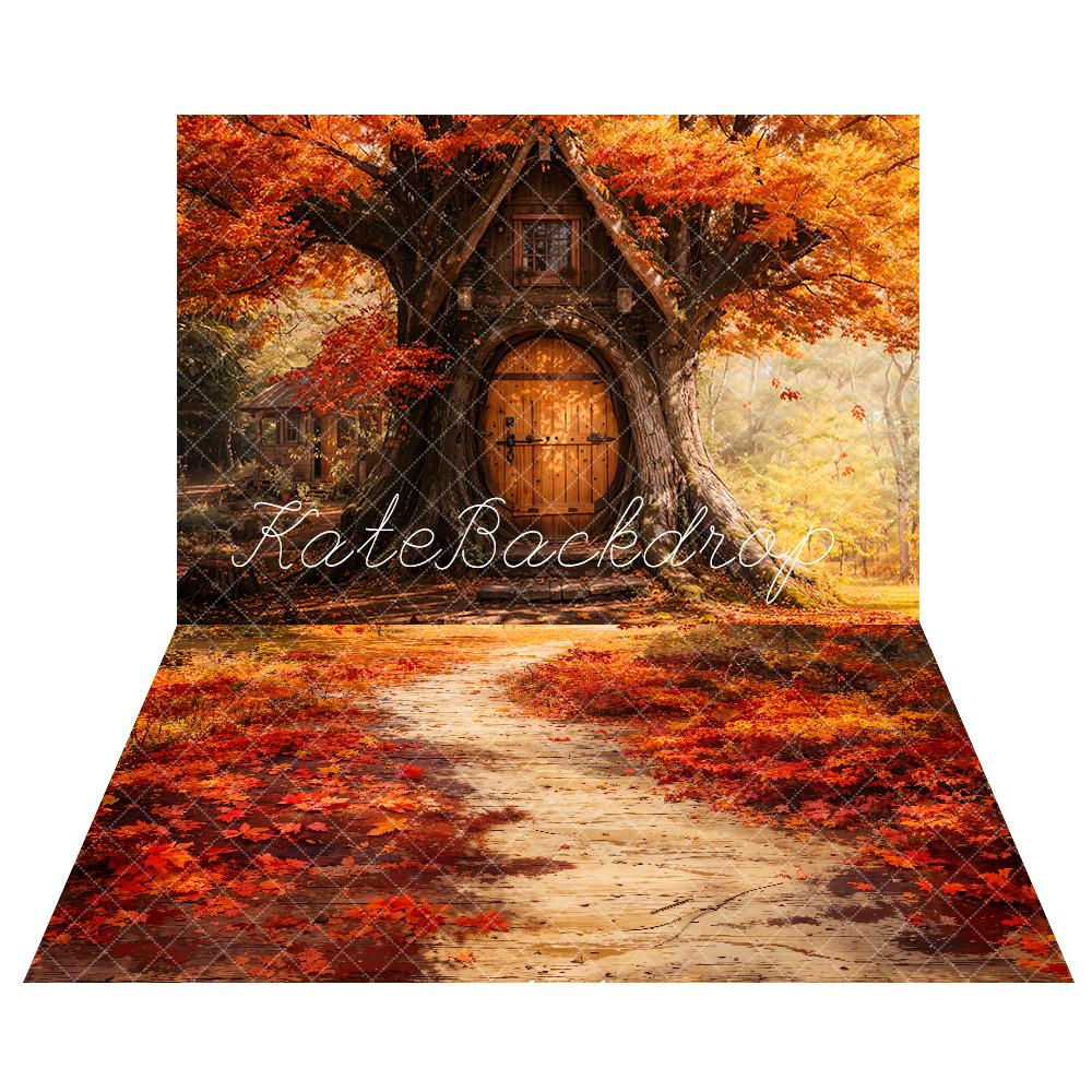 Fall Foto Achtergrond Boomhut Bos + Fall Rode Vallende Ahornbladeren Pad Vloer Foto Achtergrond Designed by