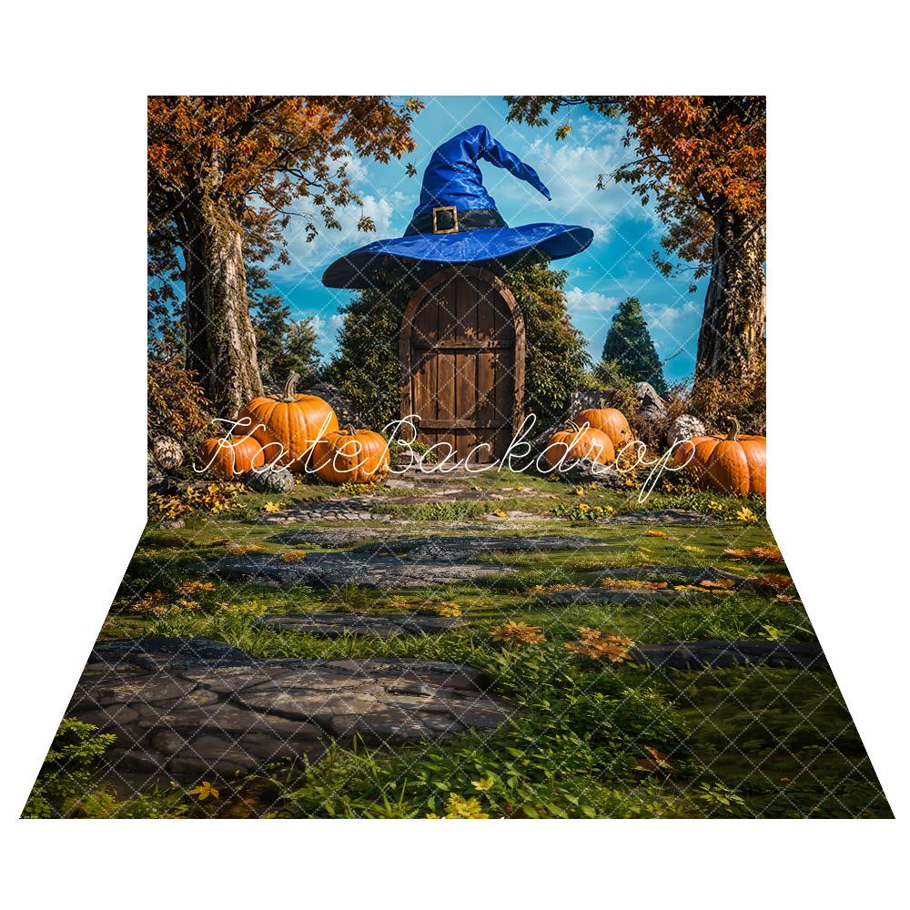 Fall Maple Tree Blue Magic Hat House Foto Achtergrond+Green Grass Stones Floor Backdrop