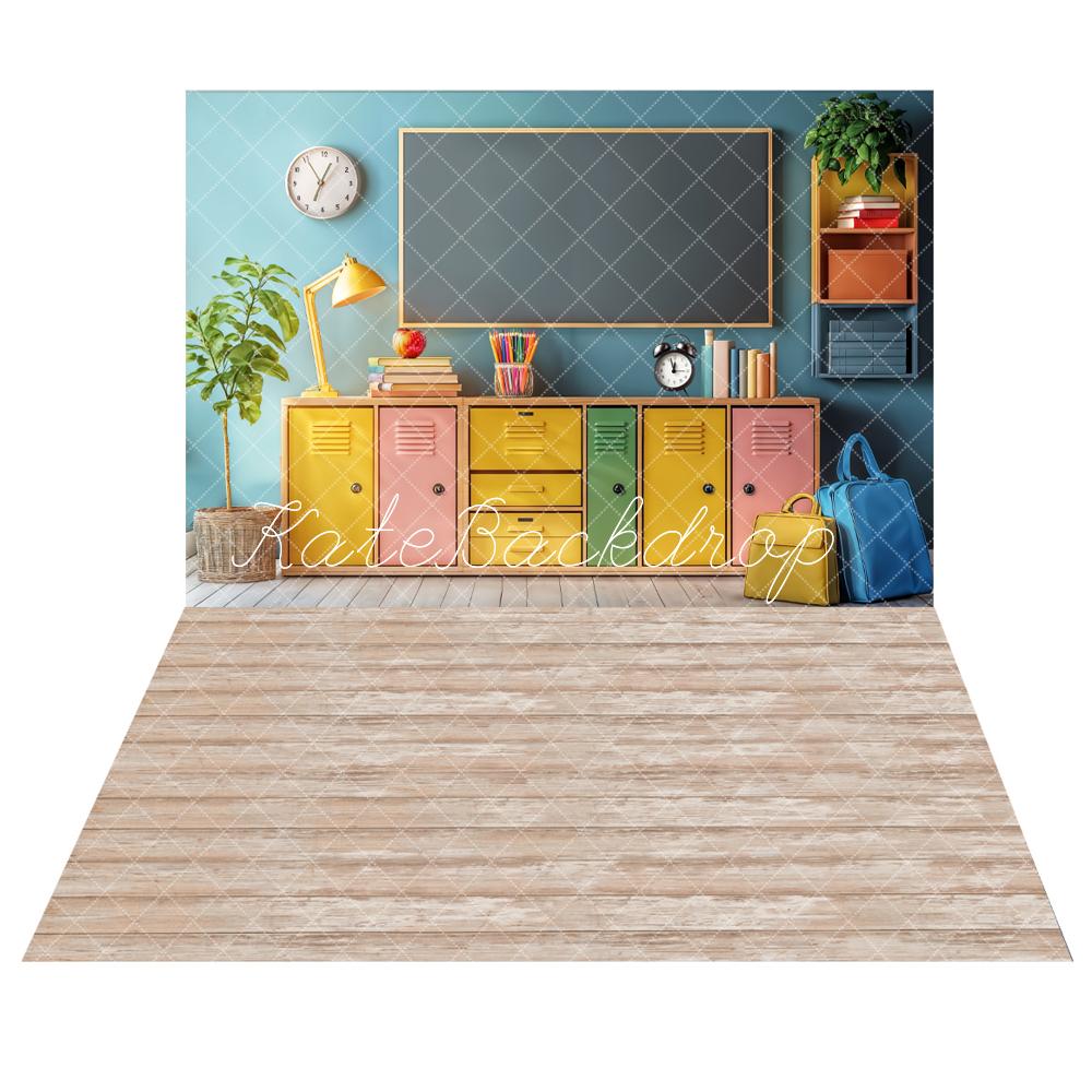 Kate Back to School Colorful Lockers Chalkboard Backdrop+Brown Wooden Grain Floor Backdrop