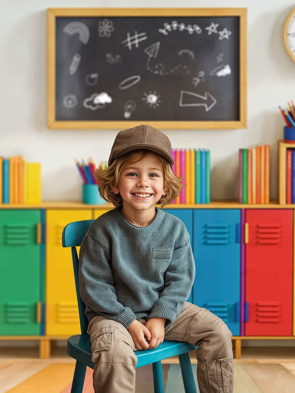 Back to School Kleurrijke Lockers Schoolbord Boeken Foto Achtergrond Designed by Emetselch