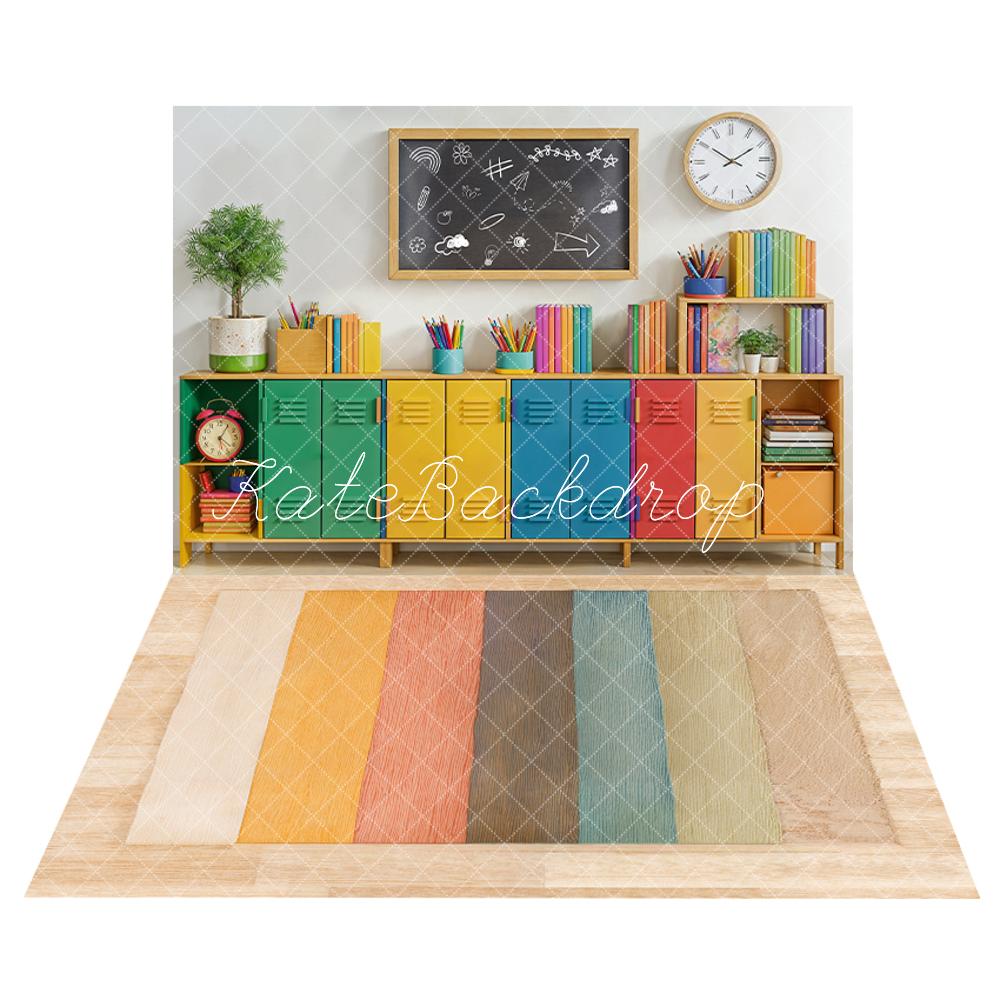 Kate Back to School Colorful Lockers Chalkboard Books Backdrop+Colorful Wooden Floor Backdrop