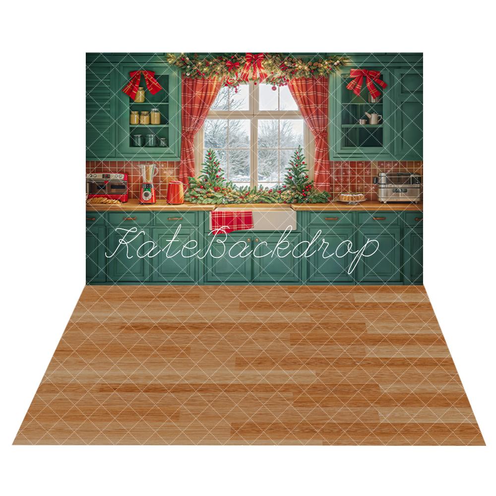 Kate Christmas Kitchen Green Cabinets Red Plaid Curtains Backdrop+Light Brown Wooden Floor Backdrop