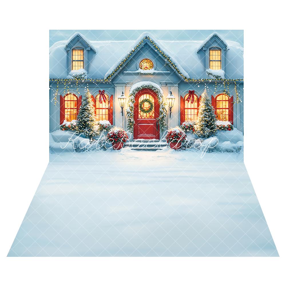 Kate Christmas Snow White House Evening Backdrop+White Snow Floor Backdrop