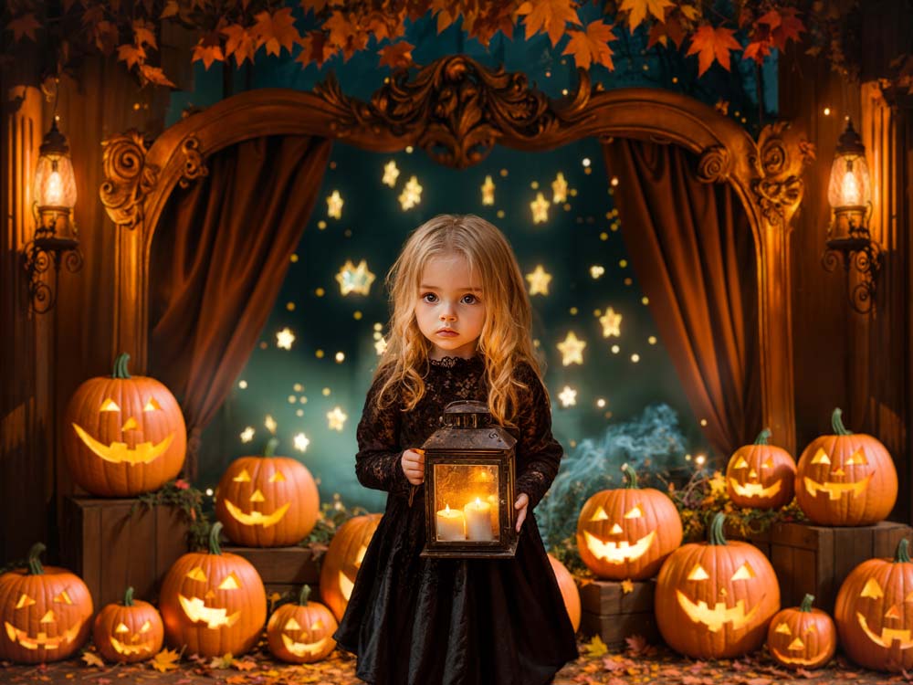 Kate Halloween Pumpkin Lanterns Star Lights Vintage Arch Backdrop Designed by Emetselch