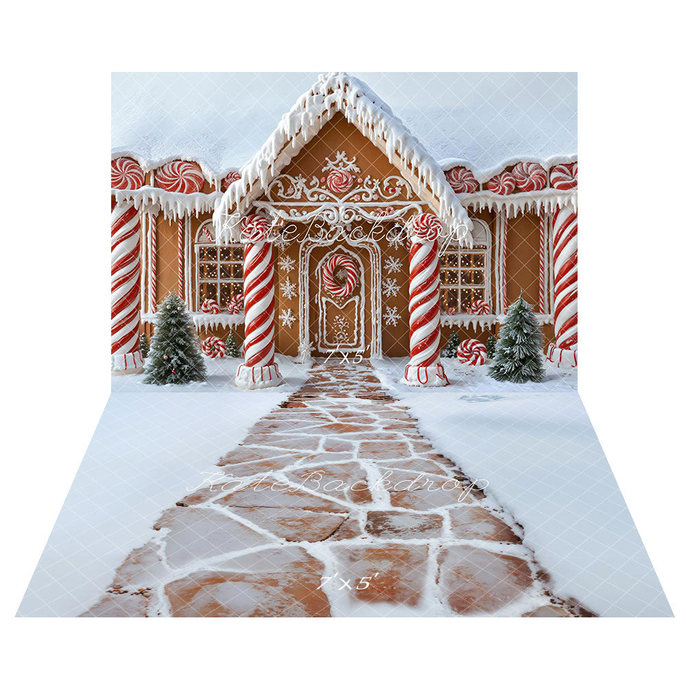 Kerst Gingerbread Huis Snoepstokken Sneeuw Foto Achtergrond+Witte Sneeuw Bruine Steenweg Vloer Foto Achtergrond