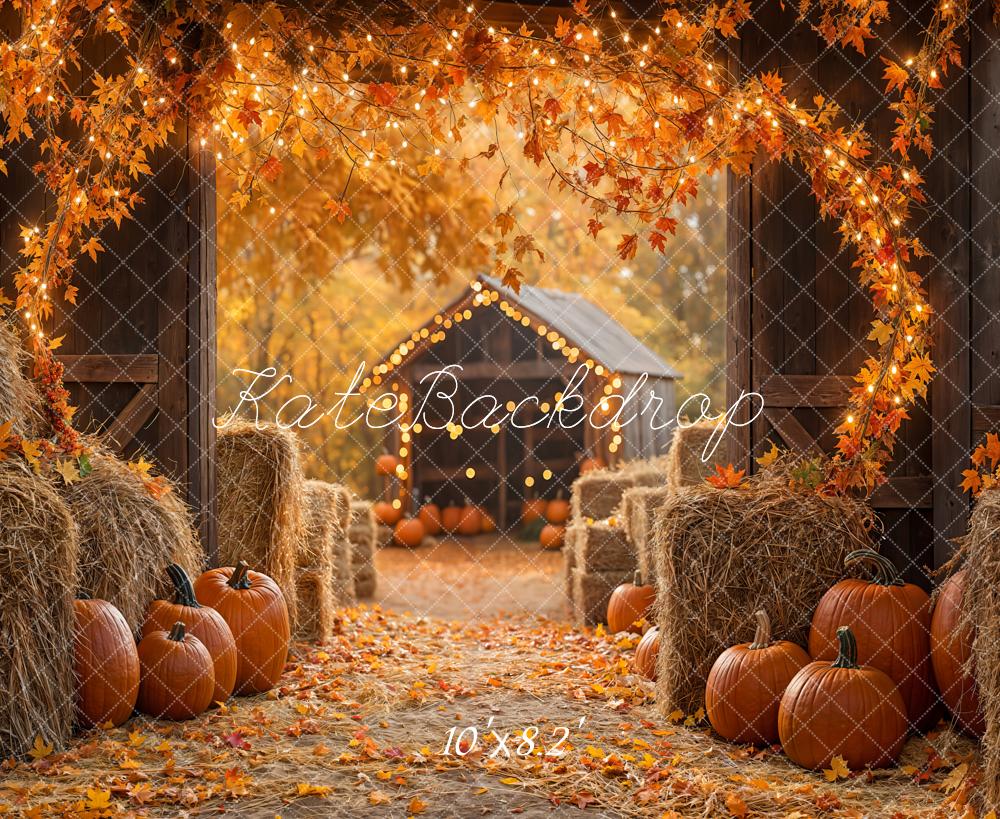 Kate Fall Maple Leaf Barn Pumpkin Straw Pile Backdrop Designed by Emetselch