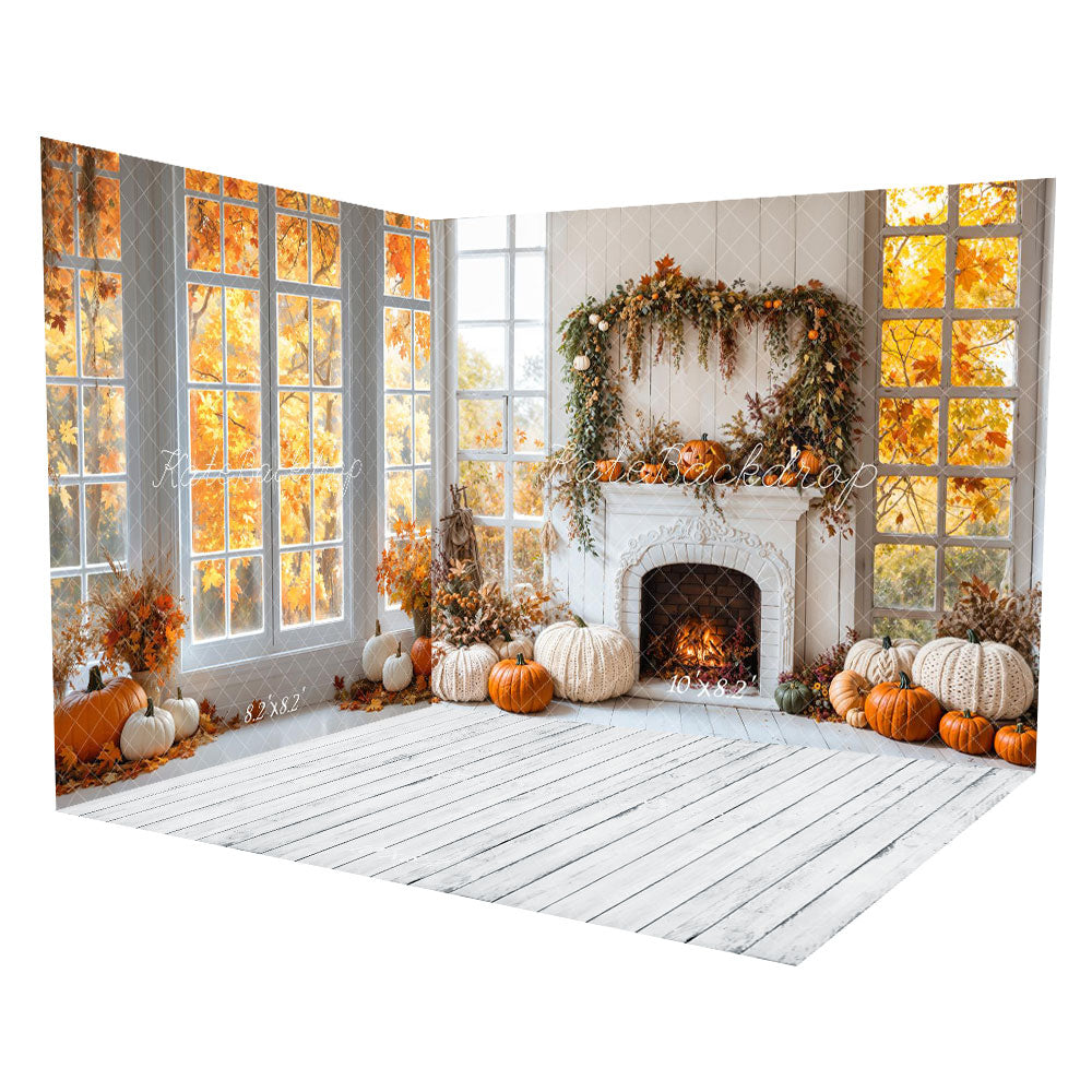 SET Stanza Halloween Autunno Caminetto Bianco Foglie d'Acero