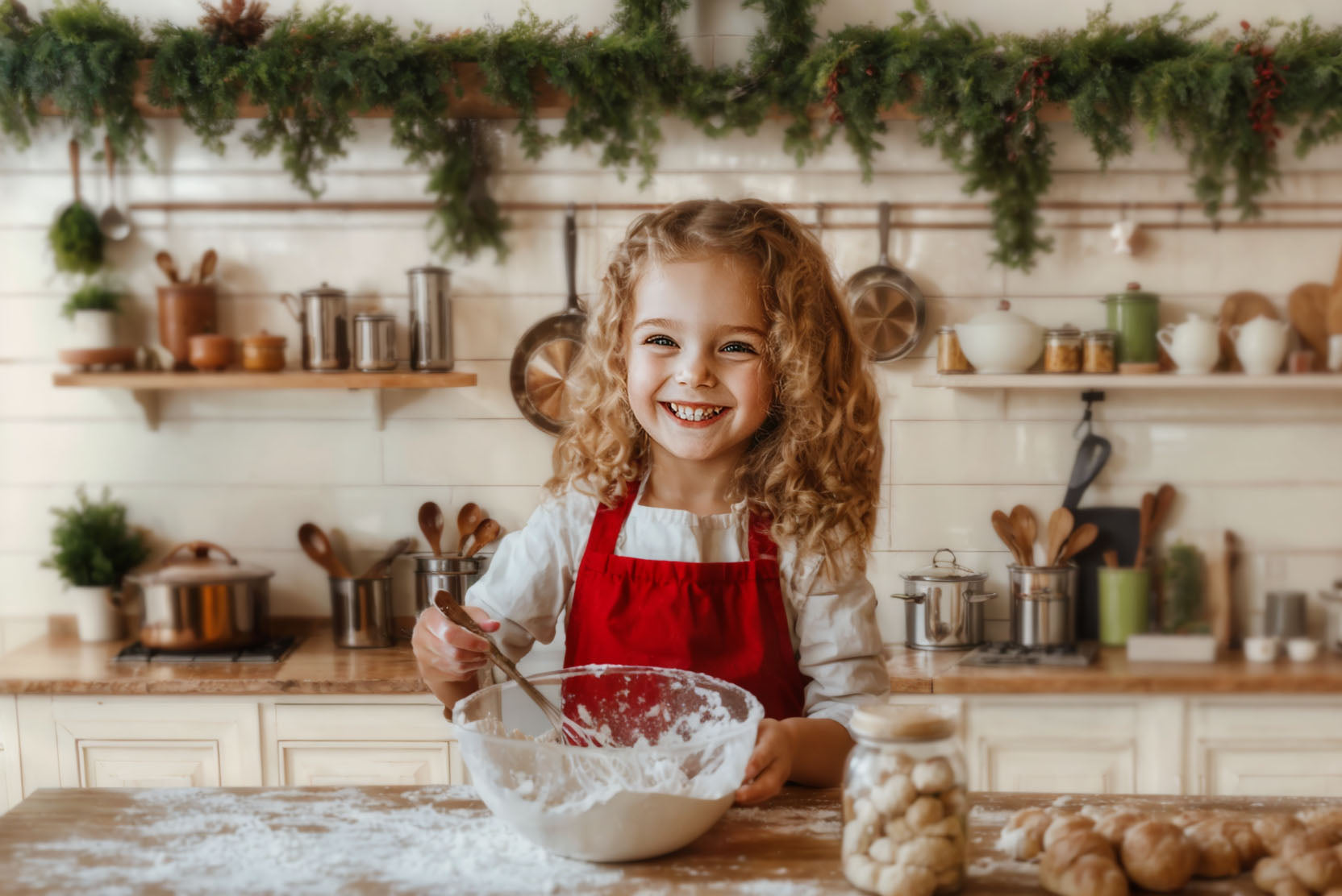 Fondo de Cocina Navideña de Gabinetes Blancos y Utensilios de Cocina