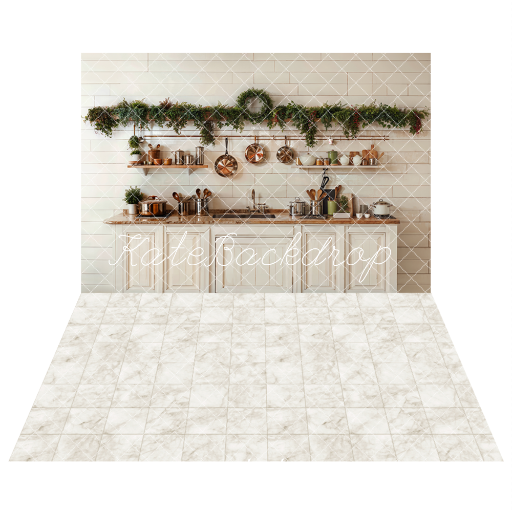 Cocina de Navidad Gabinetes Blancos Utensilios de Cocina Fondo + Suelo de Mármol Marfil Blanco en Cuadros Fondo