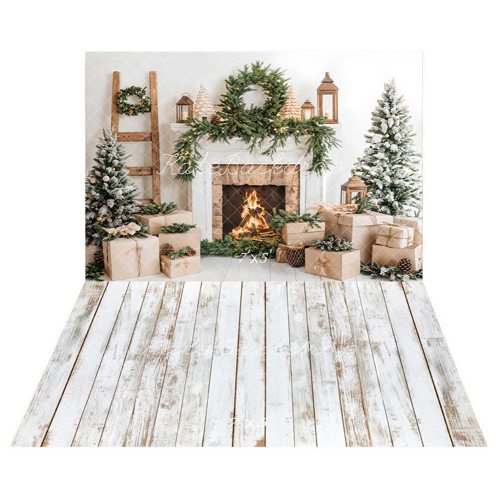 Sfondo albero di Natale camino bianco scatola regalo + sfondo pavimento in legno retro bianco