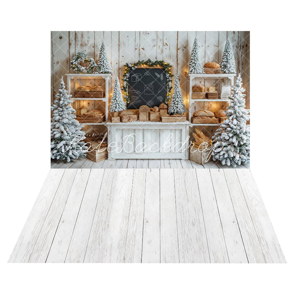 Kerstboom Witte Houten Plank Brood Schoolbord Foto Achtergrond+Witte Houten Vloer Foto Achtergrond Designed by