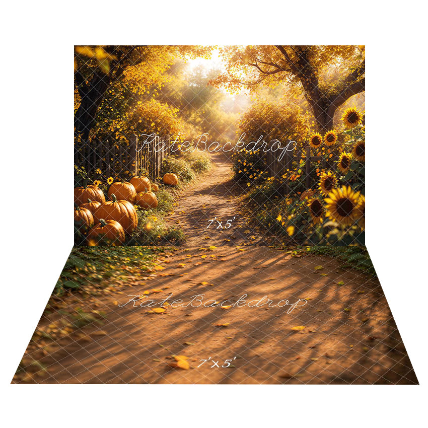 Fondo de carretera de arce de otoño, girasoles, calabazas + fondo de camino de otoño, hojas caídas, luz solar, fondo de piso