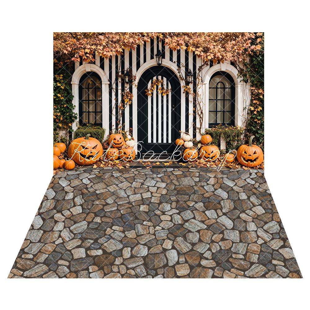 Kate Halloween Black and White Striped Door Maple Pumpkin Backdrop+Brown Gray Stone Floor Backdrop