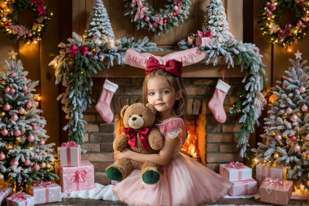 Árbol de Navidad Chimenea Caja de Regalo Rosa Fondo de Madera